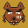 A pixel-art wolf with rust-coloured fur, hungry eyes and bared fangs, on a dark gold field.
